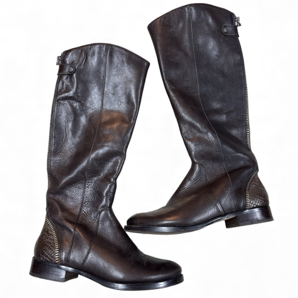 Arturo Chiang Brown Tall Leather Riding Boot AT Falcity Women’s 7 Croc Detail - Picture 3 of 12